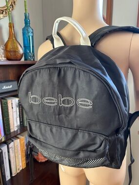 bebe Black Nylon Backpack with White Top Handle